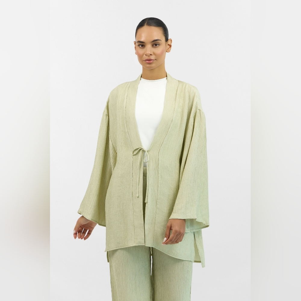 Bow Detail Kimono Cardigan Set in Icy Green